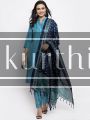 Self-Striped Blue Kurti Set with Bottom & Art Silk Dupatta