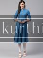 Blue Woven Design Jacquard Weave A-Line Kurti