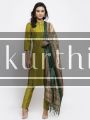Self-Striped Green Kurti Set with Bottom & Art Silk Dupatta