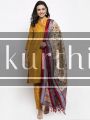 Self-Striped Yellow Kurti Set with Bottom & Art Silk Dupatta