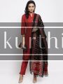 Self-Striped Red Kurti Set with Bottom & Art Silk Dupatta