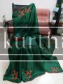 Bottle Green Korean Tussar silk saree with embroidered applique work and red colour piping 