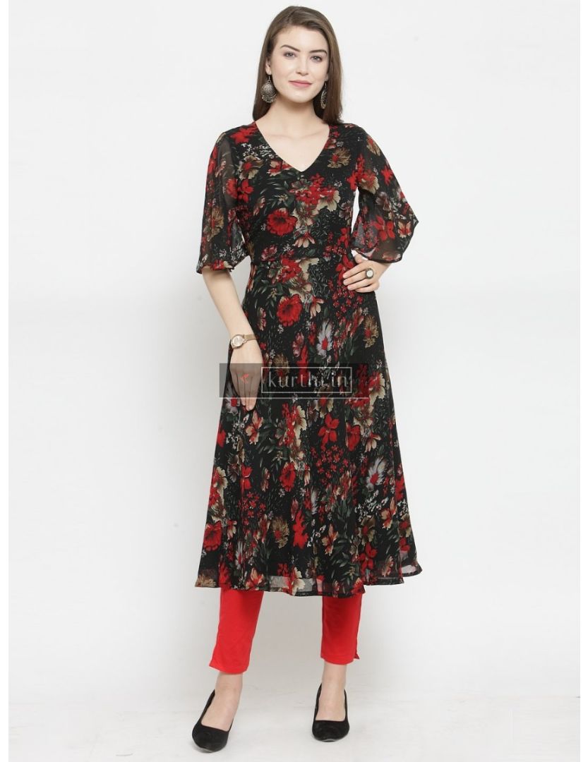 Georgette Floral Printed Flared Kurti Red  Black Beautiful Combination